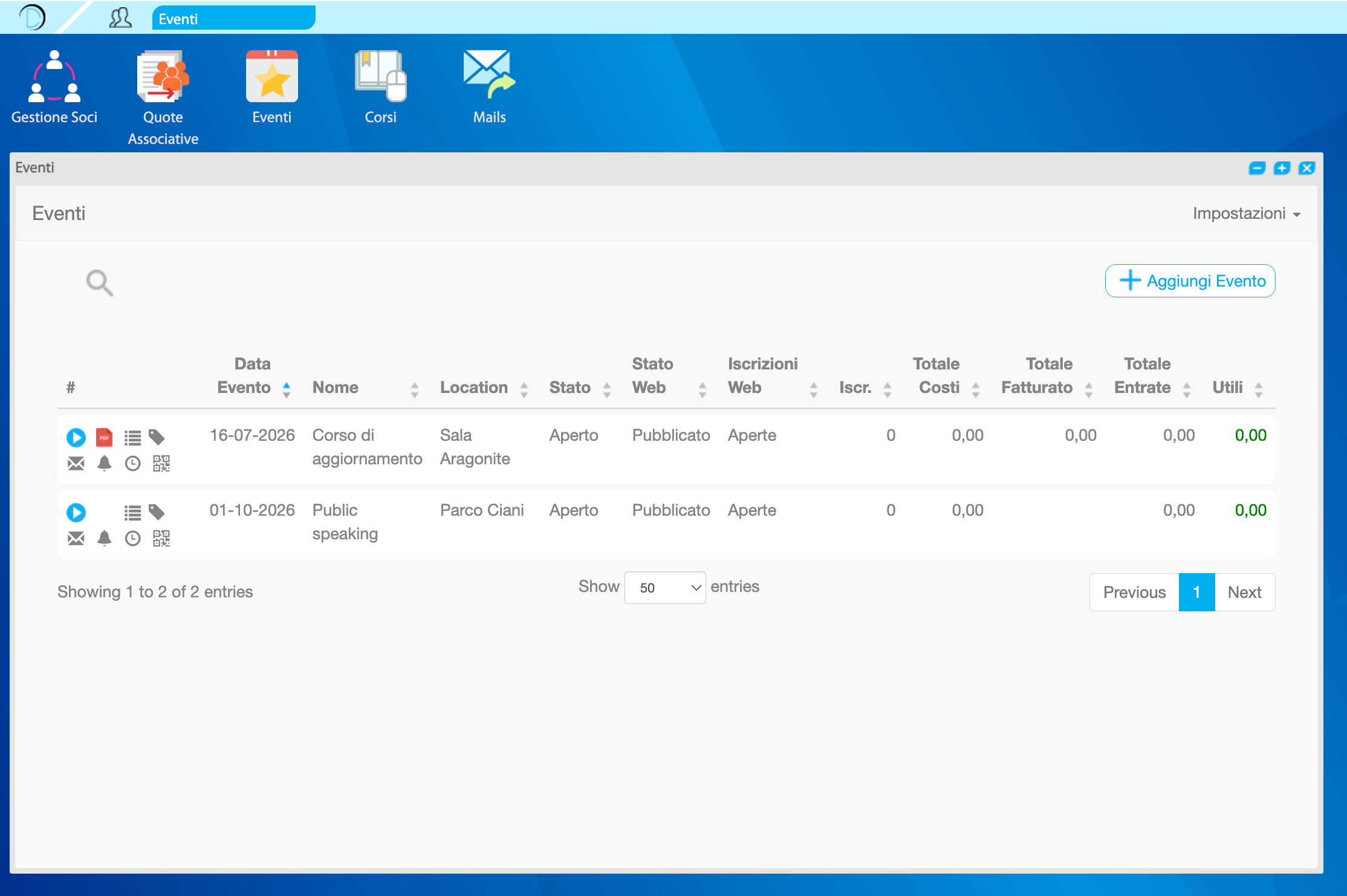 Screenshot gestione eventi e corsi myDesk