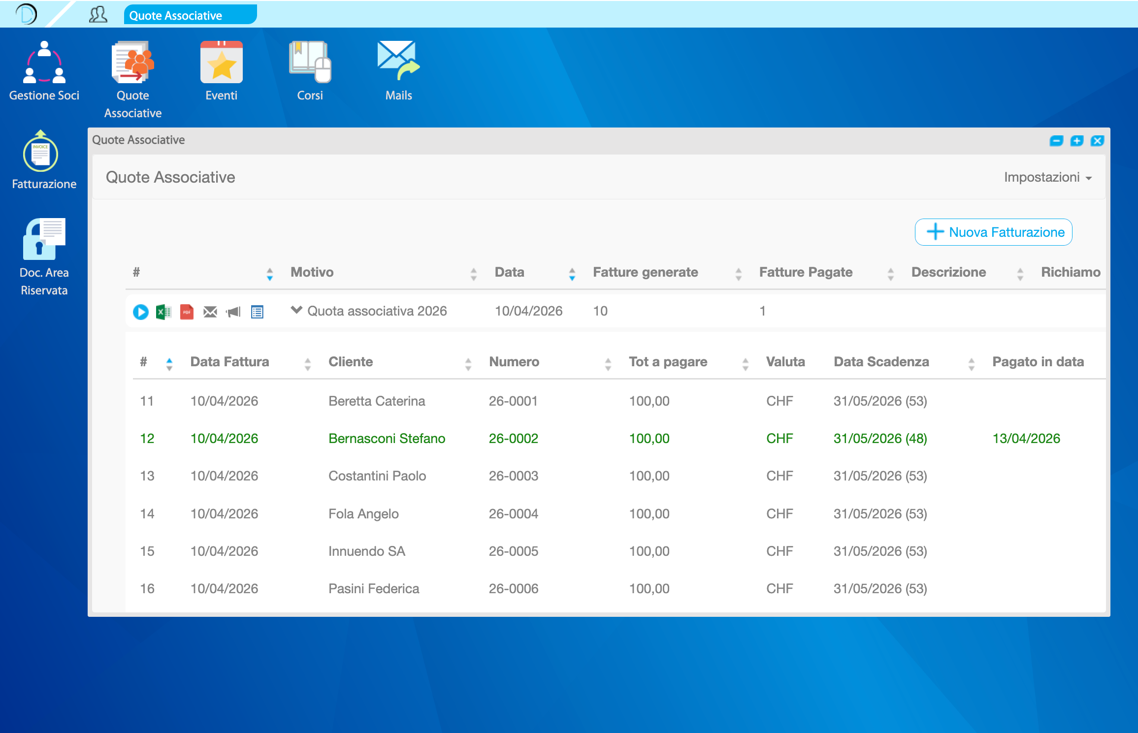 Screenshot gestione quote associative myDesk